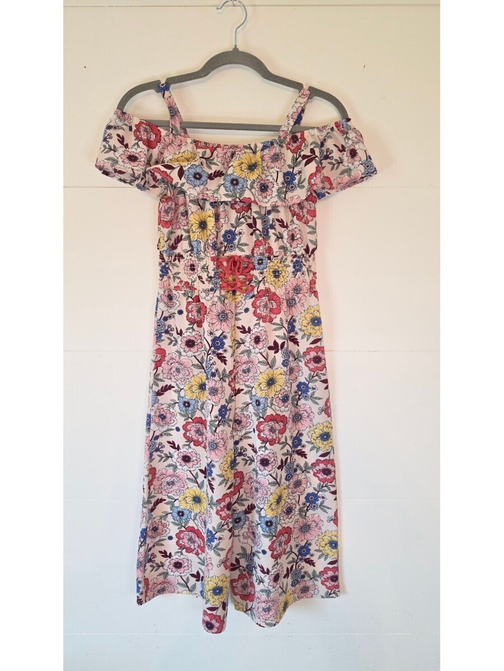 EUC Knitworks Girls Floral Jumpsuit Wide Leg Cold Shoulder Romper, sz 10, #104
